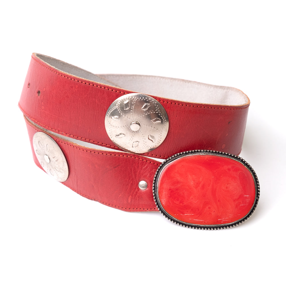 RED LEATHER CONCHO BELT WITH STERLING SILVER BELT BUCKLE