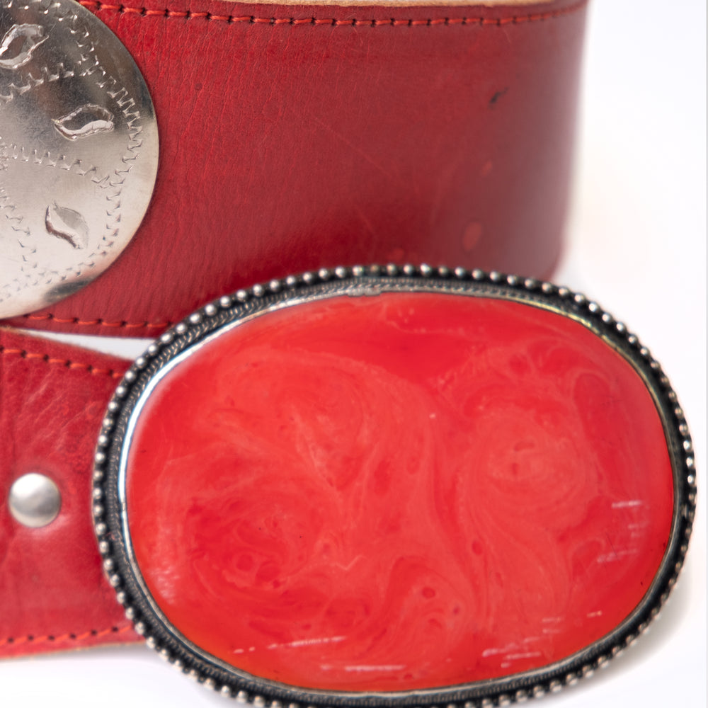 
                  
                    Load image into Gallery viewer, RED LEATHER CONCHO BELT WITH STERLING SILVER BELT BUCKLE
                  
                