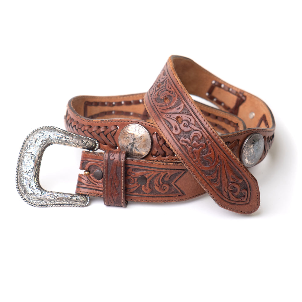 BROWN LEATHER BRAIDED WESTERN COIN BELT