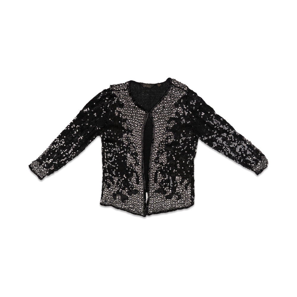 
                  
                    Load image into Gallery viewer, BLACK AND SILVER SEQUIN LONG SLEEVE TOP
                  
                
